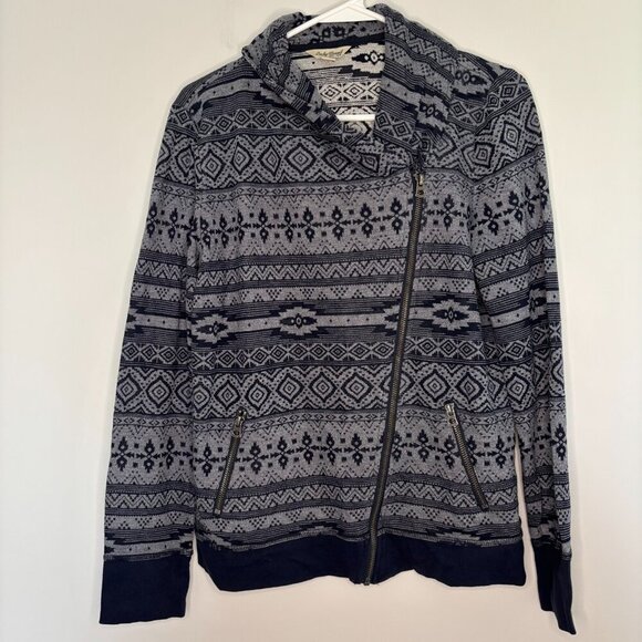 LUCKY BRAND Medium Full Zip Top Assymetric Zipper Pockets Navy Gray Aztec Design - Picture 1 of 4